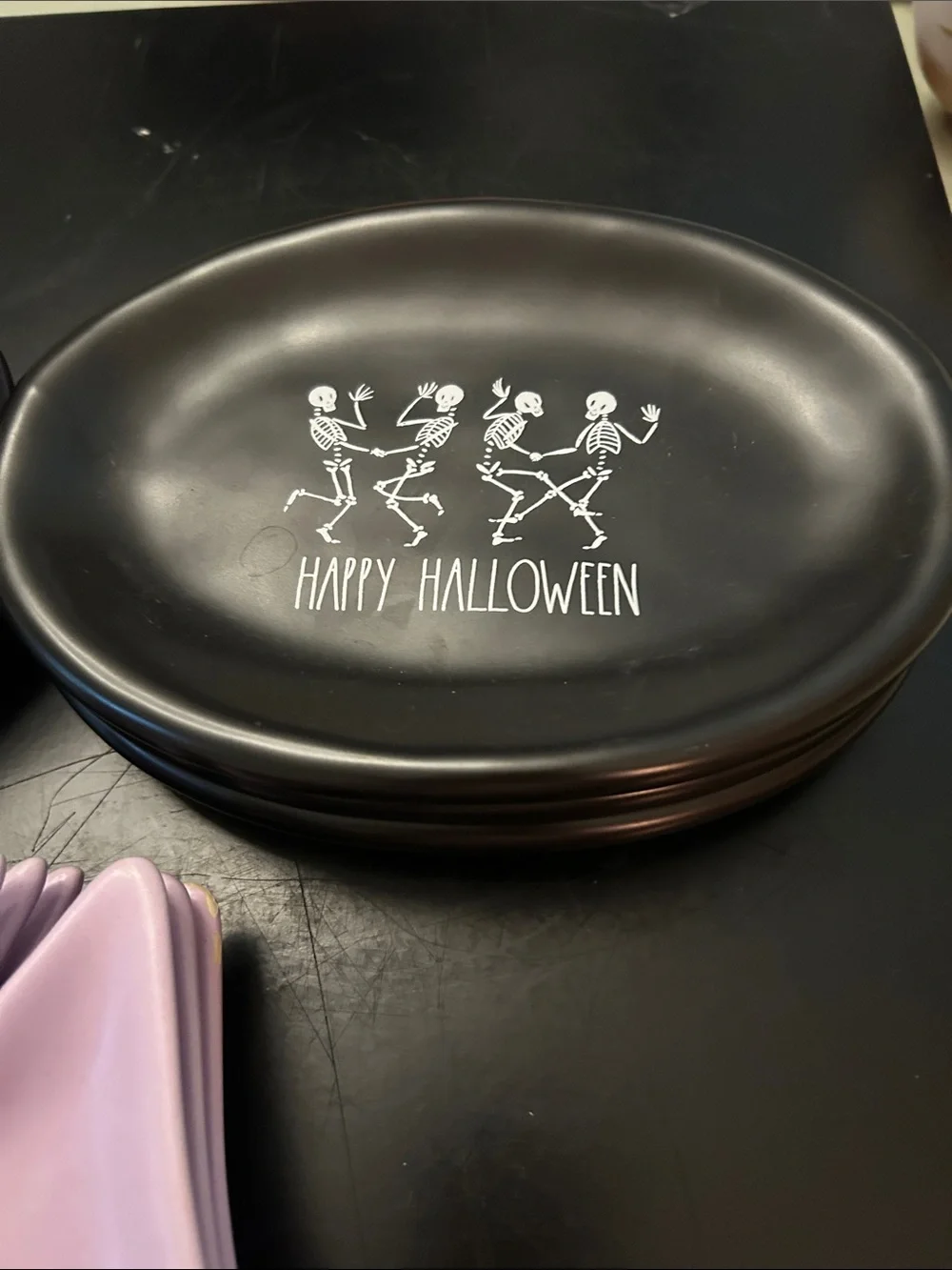 Rae Dunn Pink Bat Soon Rest or candy Holders with 6 Black Halloween Snack Plates